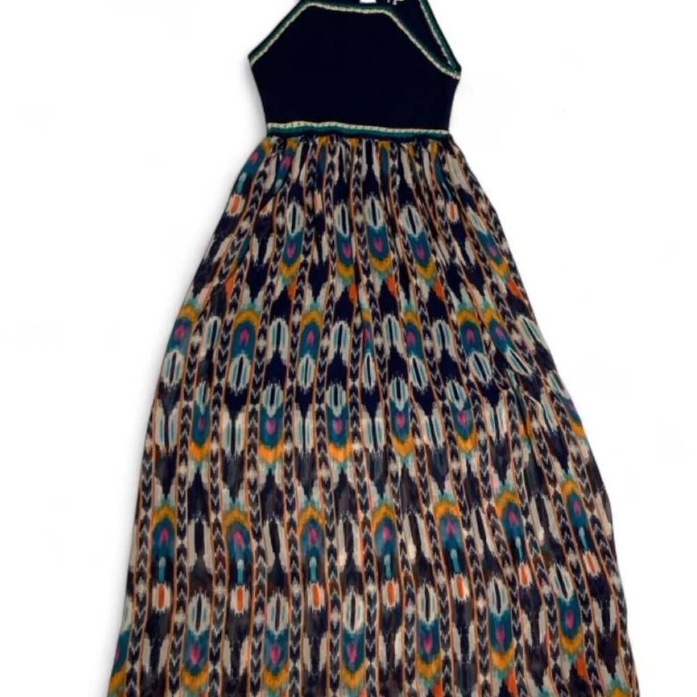 Boho Ikat Festival Crochet Knit Maxi High-Low Dress Navy Blue Small